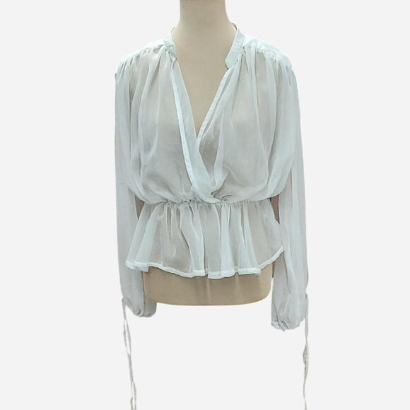 Nasty Gal White Sheer Plunge V-Neck Blouse Size 12 - Picture 1 of 5